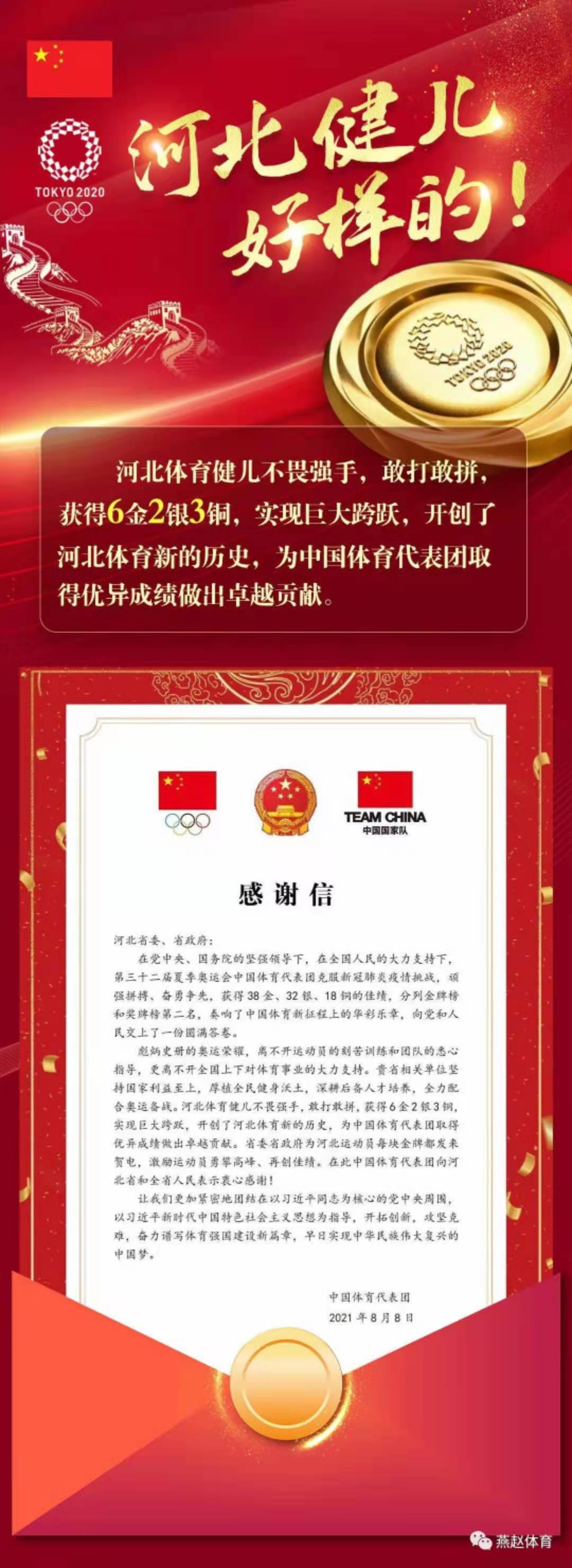 中国体育代表团给河北省委省政府发来感谢信